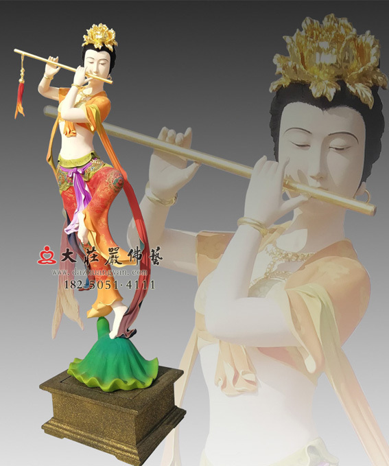 銅雕彩繪描金笛子伎樂天 彩繪描金笛子伎樂天